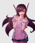  bangs brown_eyes brown_hair commentary d.va_(overwatch) e-sports english_commentary ernest_nigel_tuvera headphones jersey lips long_hair looking_at_viewer money_gesture overwatch parted_lips short_shorts shorts smile solo swept_bangs whisker_markings 