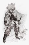  belt boots clenched_hands closed_mouth dragon_ball dragon_ball_z flying greyscale hankuri male_focus monochrome muscle namek solo son_gokuu super_saiyan thunder torn_clothes 