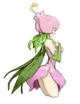  ass bare_shoulders closed_eyes closed_mouth cowboy_shot cropped_legs detached_sleeves digimon dress from_side green_wings hands_on_own_chest hands_up lillymon long_sleeves materclaws pink_dress plant_girl simple_background solo tentacle_hair white_background wings 