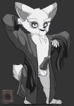  2018 animal_genitalia anthro balls clothed clothing cum doritomon elder erection facial_hair fluffy fluffy_tail japanese_clothing kung_fu_panda looking_at_viewer male mammal master_shifu mature_male mustache old partially_clothed penis pose red_panda robe simple_background smile solo 