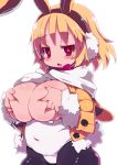  1girl animal_ears black_legwear blonde_hair bow bowtie breasts bunny_ears bunnysuit cleavage coat detached_collar disgaea earmuffs hairband huge_breasts makai_senki_disgaea_5 pantyhose red_eyes short_hair usalia_(disgaea) white_leotard 