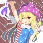  american_flag_dress blonde_hair clownpiece commentary_request dress fairy_wings frilled_shirt_collar frills hat highres jester_cap long_hair megarisu neck_ruff one_eye_closed pink_eyes polka_dot short_dress short_sleeves solo star star_print striped striped_dress torch touhou very_long_hair wings 