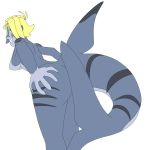  5_fingers blonde_hair blue_skin breasts dorsal_fin female fin fish green_eyes hair hi_res humanoid marine nipples open_mouth open_smile shark shark_humanoid sherry_(shark) simple_background sinful-spector smile solo white_background 