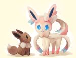  beige_background black_eyes closed_mouth commentary creature eevee full_body gen_1_pokemon gen_6_pokemon hair_ribbon lai_(pixiv1814979) looking_at_another looking_up neck_ribbon no_humans pokemon pokemon_(creature) ribbon shadow simple_background sitting smile standing sylveon 
