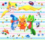 annotated aqua_eyes berry bird blue_eyes bulbasaur charmander commentary_request creature game_boy_advance gen_1_pokemon gen_3_pokemon handheld_game_console jirachi jumping lai_(pixiv1814979) leppa_berry medal mudkip multicolored multicolored_background nintendo_ds no_humans open_mouth oran_berry orb pecha_berry pikachu pink_eyes pokeblock pokeblock_case pokemon pokemon_(creature) rawst_berry sitrus_berry smile squirtle striped striped_background torchic treecko umbrella wailmer_pail water watering_can yellow_sclera 