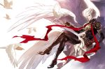  armor bird blue_eyes crossed_legs dove elbow_gloves fingerless_gloves fuji_mitsuya gloves granblue_fantasy lucifer_(shingeki_no_bahamut) male_focus multiple_wings seraph shingeki_no_bahamut short_hair smile white_hair wings 