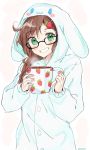  artist_name black-framed_eyewear blush brown_hair commentary commission cup english_commentary eyebrows_visible_through_hair glasses green_eyes grin hair_ornament hairclip highres holding mochii original pajamas semi-rimless_eyewear signature smile solo under-rim_eyewear 