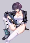  1girl arm_support bangs belt black_gloves breasts cleavage commentary_request feet_out_of_frame fingerless_gloves ghost_in_the_shell gloves gun highleg highleg_leotard highres holding holding_gun holding_weapon jacket knee_up kusanagi_motoko leather leather_jacket leotard medium_breasts open_clothes open_jacket outstretched_leg parted_lips purple_hair red_eyes rifle shin_guards shoes short_hair sitting solo takanashi_ringo thighhighs trigger_discipline weapon white_legwear white_leotard 