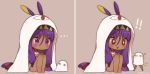  +_+ ... 1girl absurdly_long_hair animal_ears blush brown_background chibi closed_mouth commentary dark_skin ears_through_headwear english_commentary eyebrows_visible_through_hair fate/grand_order fate_(series) fishnet_pantyhose fishnets hairband jackal_ears long_hair low-tied_long_hair medjed mochii nitocris_(fate/grand_order) nitocris_(swimsuit_assassin)_(fate) one-piece_swimsuit pantyhose purple_eyes purple_hair signature simple_background sitting swimsuit very_long_hair 