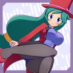  a-ktoo black_legwear blue_eyes blue_leotard breasts earrings formal green_hair hat high_heels jacket jewelry large_breasts leotard long_hair looking_at_viewer magician open_mouth pantyhose pokemon pokemon_(anime) shizue_(pokemon) solo suit tailcoat top_hat 