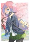  bag black_sweater blue_eyes breasts eating go-toubun_no_hanayome handbag headphones highres hirokiku large_breasts long_sleeves looking_at_viewer nakano_miku pantyhose pink_hair school_uniform shirt smile solo sweater tree uniform white_shirt 