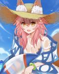  animal_ears bikini bikini_under_clothes blue_bikini breasts cleavage collarbone day ears_through_headwear fang fate/grand_order fate_(series) fox_ears fox_tail hat heridy highres innertube large_breasts long_hair looking_at_viewer ocean open_mouth outdoors pink_hair shirt side-tie_bikini solo straw_hat sun_hat swimsuit tail tamamo_(fate)_(all) tamamo_no_mae_(swimsuit_lancer)_(fate) wet wet_clothes wet_shirt wet_t-shirt yellow_eyes 