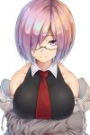  bare_shoulders black_dress breasts closed_mouth commentary crossed_arms dress eyebrows_visible_through_hair fate/grand_order fate_(series) glasses hair_over_one_eye highres jacket large_breasts looking_at_viewer mash_kyrielight necktie purple_eyes purple_hair short_hair shunga_(shun608) simple_background sketch smile solo upper_body white_background 