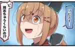  1koma black_bow black_hat bow brown_eyes brown_hair comic crying crying_with_eyes_open hair_between_eyes hair_bow hair_ornament hairclip hat i'm_such_a_fool ido_(teketeke) kantai_collection long_hair low_twintails open_mouth papakha shaded_face solo speech_bubble tashkent_(kantai_collection) tears translated twintails upper_body 