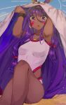  :o blue_sky blush commentary competition_swimsuit dark_skin day earrings ears_through_headwear english_commentary eyebrows_visible_through_hair facial_mark fate/grand_order fate_(series) hairband hands_up highres hoop_earrings jewelry looking_at_viewer mochii nitocris_(fate/grand_order) nitocris_(swimsuit_assassin)_(fate) one-piece_swimsuit outdoors purple_eyes purple_hair sitting sky solo swimsuit white_swimsuit wristband 