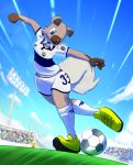  2018 anthro anthrofied ball blue_eyes brown_fur cleats clothed clothing cloud elpatrixf female footwear fur grass legwear nintendo open_mouth outside pok&eacute;mon pok&eacute;mon_(species) rockruff shoes sky soccer soccer_ball soccer_field soccer_uniform socks solo sport video_games 