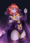 brainwashing cape celica_(fire_emblem) corruption dark_persona earrings fingerless_gloves fire_emblem fire_emblem_echoes:_mou_hitori_no_eiyuuou fire_emblem_heroes gloves haryudanto hypnosis jewelry leotard long_hair looking_at_viewer mind_control purple_skin red_eyes red_hair simple_background smile solo tiara 