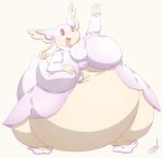  2014 3_fingers belly big_belly big_tail biped breasts chest_tuft feet female fur hand_on_breast hi_res looking_at_viewer mega_audino mega_evolution morbidly_obese nintendo obese open_mouth open_smile overweight overweight_female pink_fur pok&eacute;mon pok&eacute;mon_(species) pseudo_clothing red_eyes simple_background smile solo standing stormdragonblue tan_fur thick_thighs tongue tuft video_games watermark waving wide_hips 