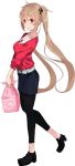  bag brown_eyes full_body kantai_collection kujou_ichiso leggings light_brown_hair long_hair murasame_(kantai_collection) official_art pants red_shirt shirt shoes skirt smile transparent_background twintails 