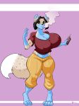  2017 anthro big_breasts breasts canine cleavage clothed clothing erect_nipples female fox hi_res huge_breasts jaeh mammal nipple_bulge nipples solo transformation vape 