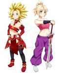  baggy_pants bandeau bangs bare_shoulders big_hair black_legwear blonde_hair bracer breasts caulifla caulifla_(cosplay) choker clarent cleavage collarbone cosplay costume_switch crossover detached_collar detached_sleeves deviantart_logo deviantart_username dragon_ball dragon_ball_super eyebrows_visible_through_hair fate/apocrypha fate/grand_order fate_(series) full_body green_eyes grin hair_ornament hair_scrunchie hands_on_hips high_heels holding holding_hands holding_sword holding_weapon looking_at_viewer medium_breasts medium_hair midriff mordred_(fate) mordred_(fate)_(all) mordred_(fate)_(cosplay) multiple_girls navel pants pelvic_curtain ponytail raised_eyebrow red_footwear red_scrunchie saiyan scrunchie sideboob simple_background skirt sleeveless smile spiked_hair strapless super_saiyan sword underboob vambraces weapon white_footwear wristband 