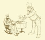  anthro asgore_dreemurr barefoot beard boss_monster caprine chair cup delta_rune duo eyewear facial_hair flower glasses goat horn long_ears mammal plant rawrrarr simple_background slippers table tea_cup teapot toriel undertale video_games 