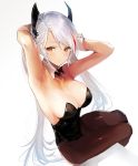  armpits arms_behind_head azur_lane bangs bare_shoulders blush breasts cleavage closed_mouth collarbone commentary_request eyebrows_visible_through_hair from_above from_side gradient gradient_background hair_between_eyes headgear highres hitaki_yuu large_breasts leotard long_hair looking_at_viewer looking_back mole mole_on_breast multicolored_hair pantyhose playboy_bunny_leotard prinz_eugen_(azur_lane) red_hair silver_hair simple_background sitting solo streaked_hair thighs two_side_up very_long_hair wrist_cuffs 