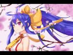  antenna_hair blazblue blazblue:_central_fiction bow breasts chaoschao cherry_blossoms hair_bow halterneck large_breasts mai_natsume pink_eyes purple_hair sideboob sidelocks yellow_bow 