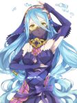  aqua_(fire_emblem_if) blue_hair elbow_gloves fingerless_gloves fire_emblem fire_emblem_if gloves jewelry jurge long_hair looking_at_viewer necklace simple_background solo veil water white_background yellow_eyes 