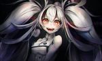  breasts crazy_eyes crazy_smile escort_water_hime fangs glowing glowing_eyes hair_between_eyes kajaneko kantai_collection long_hair medium_breasts multicolored_hair open_mouth red_eyes saliva shinkaisei-kan twintails white_hair white_skin 