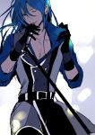  belt black_gloves blue_hair collarbone double-breasted gloves idol idolish_7 kitazawa_k long_hair looking_at_viewer male_focus microphone_stand one_eye_closed oogami_banri parted_lips pectorals self_exposure solo 