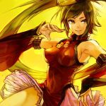  armpits bangs bare_shoulders breasts brown_hair commentary detached_sleeves dress guilty_gear hankuri impossible_clothes kuradoberi_jam large_breasts long_hair long_sleeves parted_lips red_dress simple_background smile solo standing standing_on_one_leg very_long_hair wide_sleeves yellow_background 