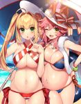  2girls :d :o ahoge animal_ears beach belly bikini blonde_hair bracelet breasts cameltoe caster_(fate/extra) cleavage cloud cowboy_shot earrings edit fang fate/grand_order fate_(series) fox_ears fox_tail glint green_eyes groin hair_intakes hand_on_hip hat jewelry large_breasts lens_flare long_hair looking_at_viewer lowleg lowleg_bikini multiple_girls navel necklace nero_claudius_(swimsuit_caster)_(fate) ocean one_eye_closed open_mouth pink_hair pregnant sakura_yuki_(clochette) sand side-tie_bikini smile swimsuit tail tamamo_no_mae_(swimsuit_lancer)_(fate) thigh_gap umbrella underboob water 