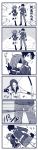  2boys 6koma arrow bow_(weapon) closed_eyes comic directional_arrow drawing_bow fate/grand_order fate_(series) fujimaru_ritsuka_(female) fujimaru_ritsuka_(male) gloves greyscale highres long_hair looking_at_another miniskirt monochrome multiple_boys pants polar_chaldea_uniform rikko157 short_hair silent_comic skirt snapping_fingers torn_clothes tristan_(fate/grand_order) uniform weapon 