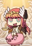  april_fools bangs chibi circe_(fate/grand_order) fate/grand_order fate_(series) feathered_wings green_eyes head_wings highres holding long_hair looking_at_viewer multicolored multicolored_eyes navel no_nose official_art open_mouth pig pink_eyes pointy_ears riyo_(lyomsnpmp) sitting wings 
