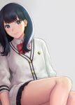  black_hair black_skirt blue_eyes bow bowtie cardigan closed_mouth long_hair long_sleeves looking_at_viewer microskirt natsuyu pleated_skirt red_bow red_neckwear school_uniform shirt simple_background sitting skirt smile ssss.gridman takarada_rikka white_cardigan white_shirt 