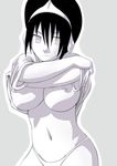  alternate_breast_size avatar:_the_last_airbender avatar_(series) blind breasts hairband highres huge_breasts maydrawfag monochrome nipples panties puffy_nipples shirt_lift short_hair solo toph_bei_fong underwear undressing 