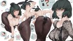  absurdres animal_ears armpits ass bent_over blush breasts bunny_ears bunny_tail bunnysuit cleavage fake_animal_ears fubuki_(one-punch_man) green_eyes highres large_breasts leaning_forward leotard mouth_hold multiple_views one-punch_man pantyhose saejin_oh smile sweat tail toned 