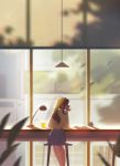  arm_support book brown_eyes brown_hair chin_rest city cup elbow_rest eyebrows_visible_through_hair hand_on_own_chin highres jenny_yu lamp leaf leaves_in_wind light original ponytail shadow shirt sitting sky stool stuffed_toy tree window 