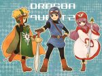  blonde_hair blue_eyes bodysuit closed_mouth commentary_request dragon_quest dragon_quest_ii goggles goggles_on_head goggles_on_headwear hood long_hair prince_of_lorasia prince_of_samantoria princess_of_moonbrook robe short_hair spiked_hair sword weapon white_robe yukaris 