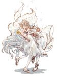  :d ^_^ artist_name blonde_hair blue_hair blush closed_eyes cosplay dancing djeeta_(granblue_fantasy) dress flower full_body granblue_fantasy hair_flower hair_ornament hand_on_another's_back holding_hands interlocked_fingers kazzu knights_of_glory long_hair lyria_(granblue_fantasy) multiple_girls muted_color open_mouth shadow short_hair shoulder_pads smile sparkle the_glory the_glory_(cosplay) white_background white_dress 