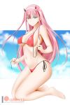  alfred_cullado aqua_eyes bangs bikini breasts closed_mouth collarbone commentary darling_in_the_franxx english_commentary hair_between_eyes hairband highres horns kneeling large_breasts long_hair looking_at_viewer navel patreon_logo patreon_username pink_hair red_bikini side-tie_bikini smile solo swimsuit underboob untied untied_bikini untied_bra white_hairband zero_two_(darling_in_the_franxx) 