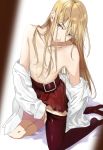  1boy blonde_hair crossdressing grey_eyes hakata_tonkotsu_ramens hako_ichiiro kneeling lin_xianming long_hair looking_at_viewer male_focus shirt shirt_slip skirt solo thighhighs undressing 