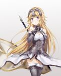  :o armor bare_shoulders blonde_hair blush breasts cleavage commentary cowboy_shot elbow_gloves eyebrows_visible_through_hair fate/apocrypha fate_(series) fur_trim gauntlets gloves gorget hand_up headpiece highres jeanne_d'arc_(fate) jeanne_d'arc_(fate)_(all) large_breasts long_hair looking_at_viewer mochii parted_lips purple_eyes solo standing thighhighs very_long_hair 