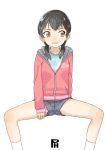  1girl black_hair brown_eyes child circle_name female grin hood hoodie low_twintails original satsuyo short_shorts shorts simple_background sitting solo spread_legs twintails white_background 