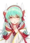  :d bangs bison_cangshu blurry blurry_background blush bow brown_eyes depth_of_field dragon_horns eyebrows_visible_through_hair fate/grand_order fate_(series) fingernails green_hair hair_between_eyes hair_bow hairband heart heart-shaped_pupils horns japanese_clothes kimono kiyohime_(fate/grand_order) leaning_forward long_hair long_sleeves open_mouth red_bow red_hairband simple_background smile solo symbol-shaped_pupils very_long_hair white_background white_kimono wide_sleeves 