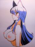  bare_shoulders blush_stickers breasts hair_ears kusanagi_tonbo large_breasts long_hair nipples solo topless traditional_media yellow_eyes 