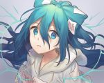  blue_bow blue_eyes blue_hair bow debt drawstring floating_hair gradient gradient_background gradient_hair grey_background hair_bow hood hood_down hoodie long_hair looking_at_viewer misha_(hoongju) multicolored_hair parted_lips solo staring touhou upper_body yorigami_shion 