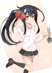  :o black_hair black_legwear blush chopsticks collarbone commentary_request cuiseika eyebrows_visible_through_hair fan hatsushimo_(kantai_collection) headband kantai_collection kappougi kneehighs loafers long_hair low-tied_long_hair open_mouth pleated_skirt remodel_(kantai_collection) school_uniform shinkaisei-kan shoes single_kneehigh single_thighhigh skirt solo thighhighs translation_request very_long_hair yellow_eyes 