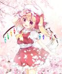  :d arm_up bangs blonde_hair blush bow check_commentary cherry_blossoms commentary commentary_request crystal eyebrows_visible_through_hair fang flandre_scarlet flower hair_between_eyes hair_bow hat head_tilt looking_at_viewer mob_cap one_side_up open_mouth petals pink_flower puffy_short_sleeves puffy_sleeves red_bow red_eyes red_skirt red_vest rikatan shirt short_sleeves skirt skirt_set smile solo touhou vest white_hat white_shirt wings wrist_cuffs 